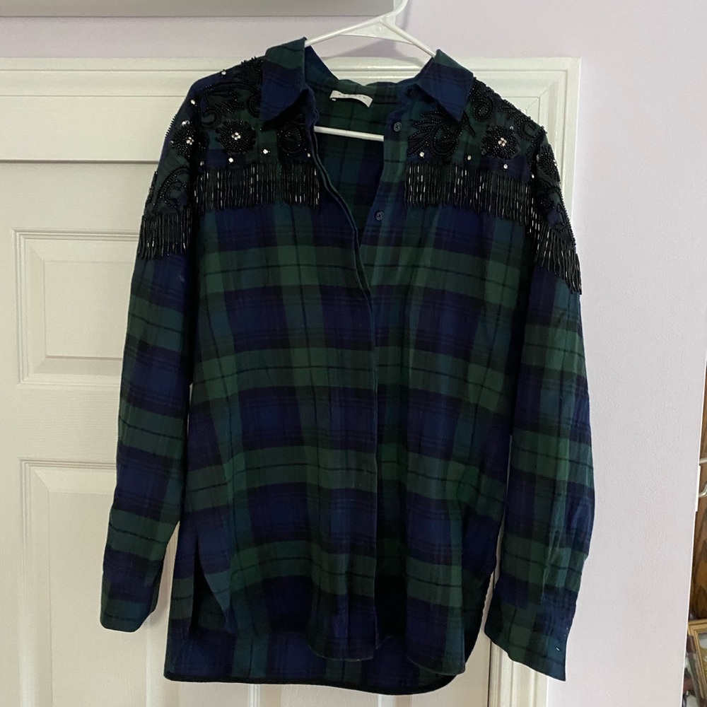 Sandro Designer Top jeweled beaded flannel shirt
